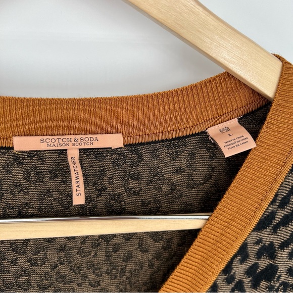 Scotch & Soda Long Sleeve Wool-Cotton Blend Knit Sweater Leopard Print V Neck - Picture 6 of 12